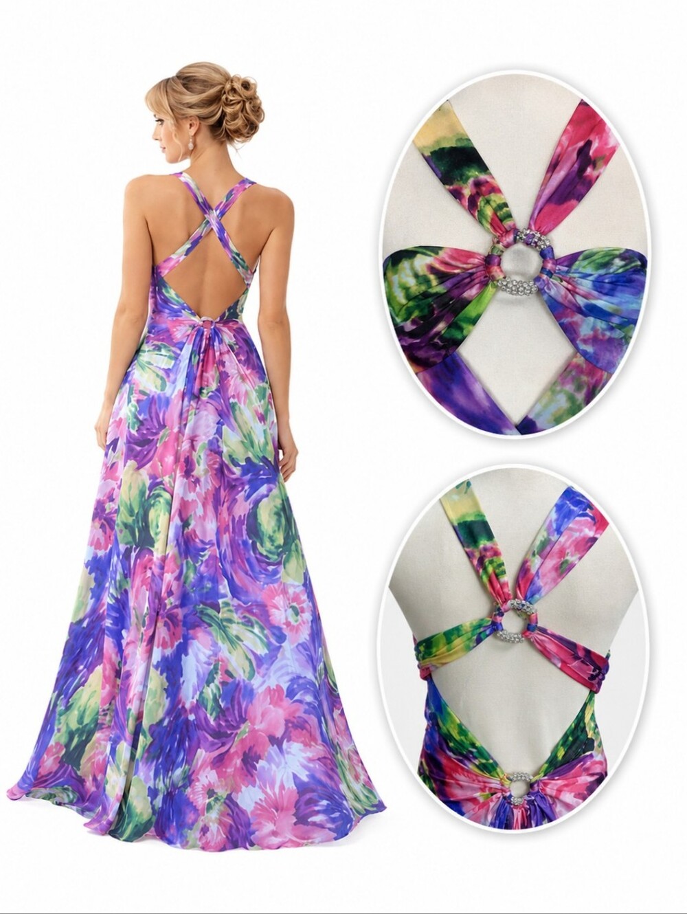 Y2K Halter Criss Cross Back Floral Watercolor Satin Fairycore Prom Dress Sz XS